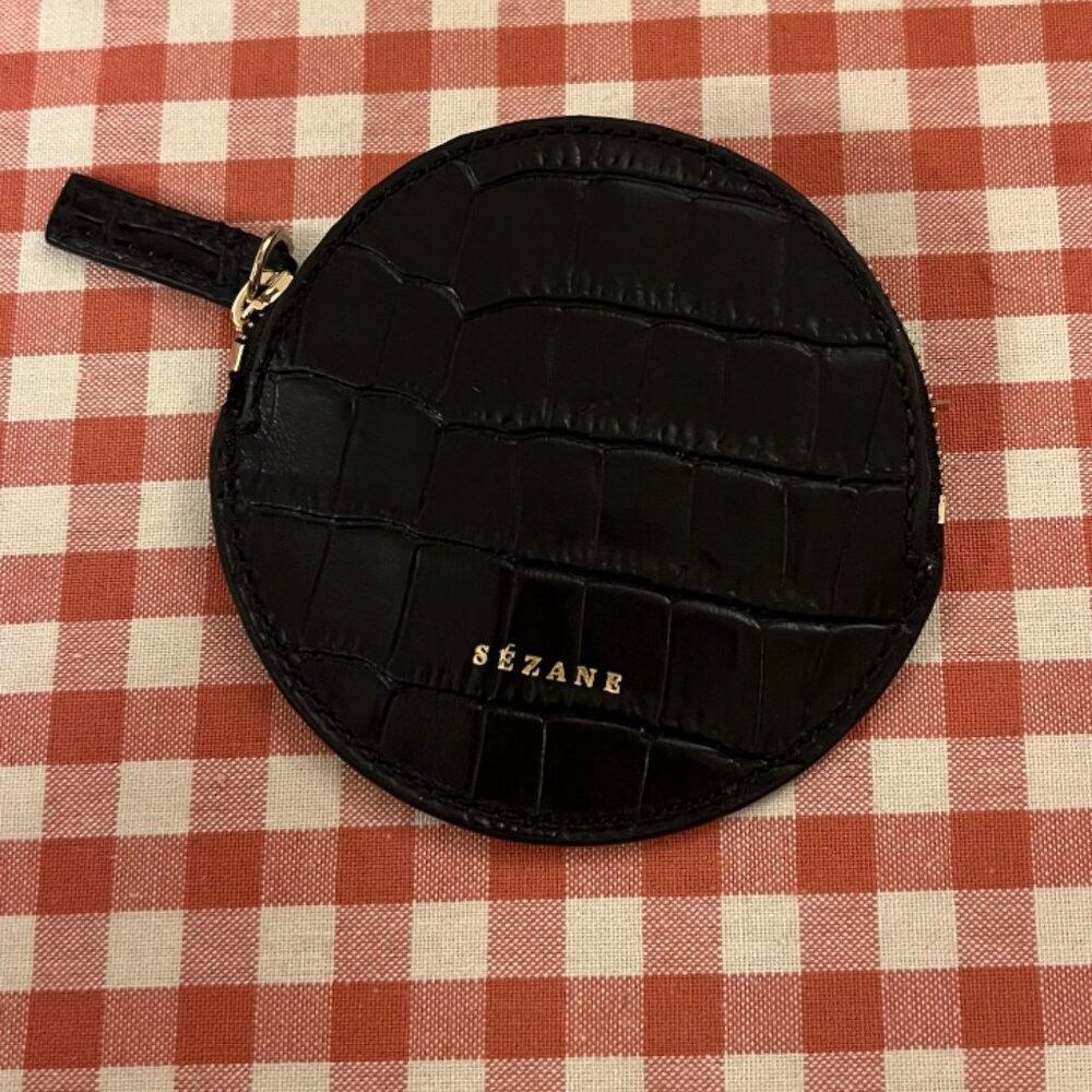 Sezane Round Coin Purse in Black Croc